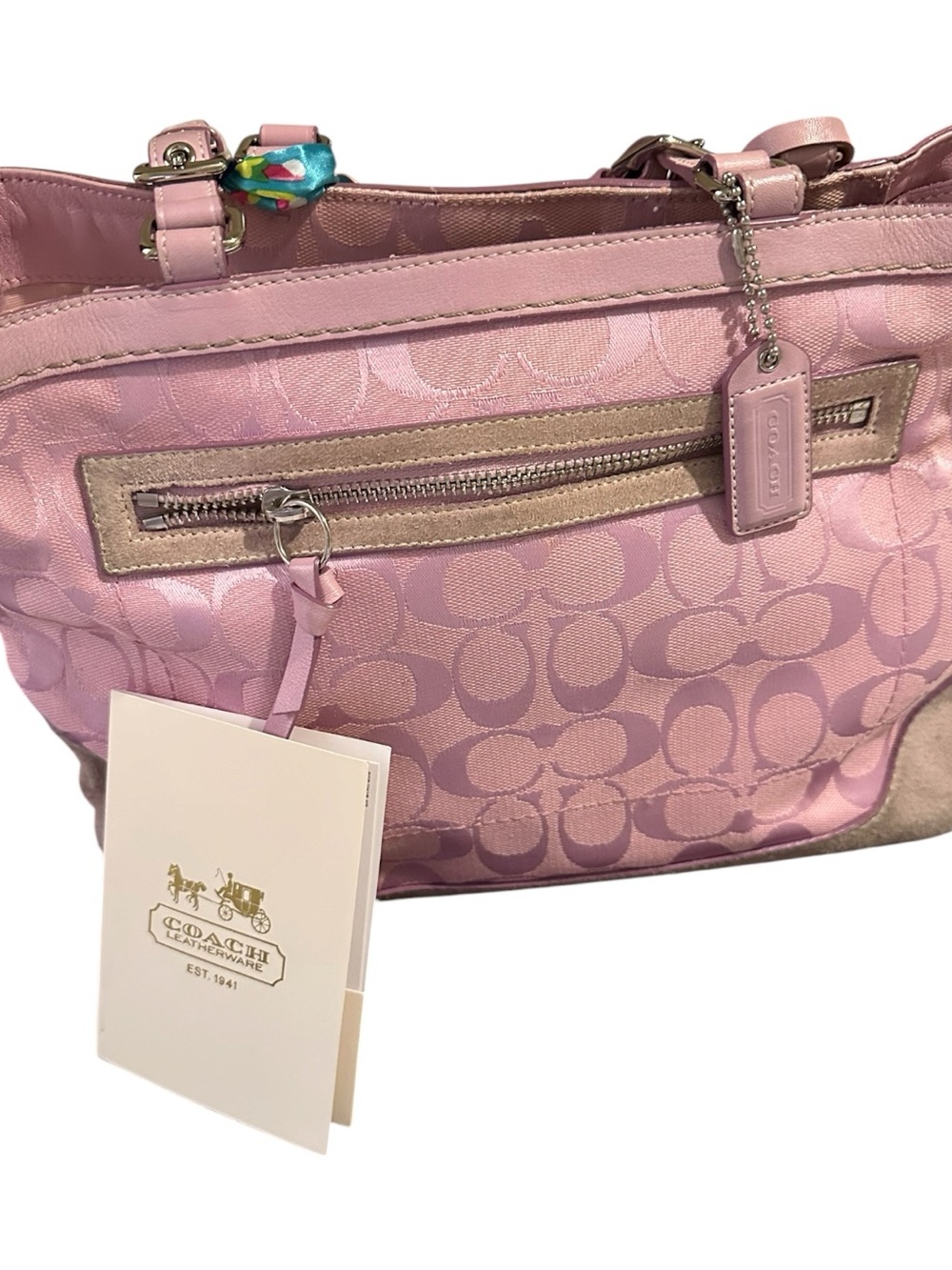 Coach Pink Signature Jacquard Tote with Floral Scarf Accent - Picture 3 of 15